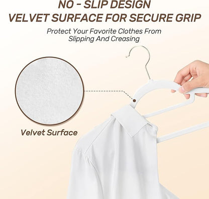 Sishynio Velvet Hangers 30 Pack with Gold Hooks, Non-Slip Slim Felt Hanger for Clothes, Heavy Duty Space Saving Flocked Hangers for Dresses, Suits, Coats & Pants(White)