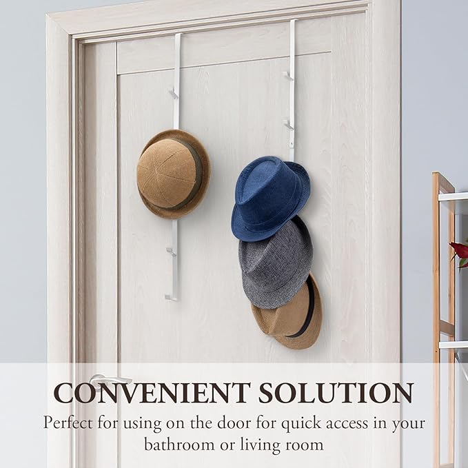 MyGift 2 Pcs Over The Door Hat Organizer, Door Hanger Hat Rack Display Storage, 5 Hooks Heavy Duty, for Coat, Scarf, Purse, White Metal