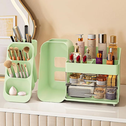 Makeup Organizer with Drawers,Large Capacity Countertop Organizer for Vanity,Bathroom and Bedroom Desk Cosmetics Organizer,Easy To Storage Skincare,Brushes,Lotions (Green)
