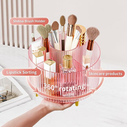 Clear Rotating Makeup Organizer Countertop for Vanity, 360° Makeup Brush Holder Organizer with 5 Compartments, Transparent Cosmetic Storage for Lipstick, Skincare, Bathroom Counter (Transparent Pink)