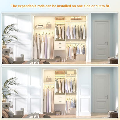 96 Hanging Closet System with 2 Wooden Drawers, 75"–87" Height Adjustable Closet Organizer System with Tower, 4-8FT Custom Closet Shelving System, Wall-Mounted Walk-In Closets Wardrobe, White Oak