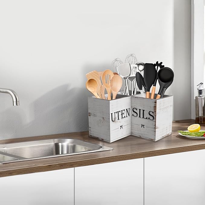 Suli Extra Large Utensil Holder with 3 Compartments,Corner Kitchen Shelf,Wooden Utensil Organizer for Kitchen Countertop, Farmhouse Decor, Rustic Cooking Utensil Storage- White grain