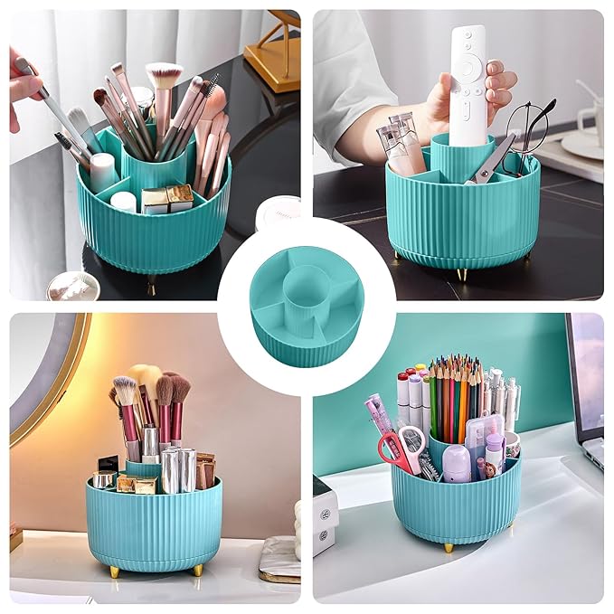 Diesisa 360 Rotating Makeup Brush Organizer With 5 Sections, Spining Countertop Swivel Makeup Brush Holder for Cosmetics, Nail Polish, Art Supply, Bathroom Vanity Desktop Organizer - Blue