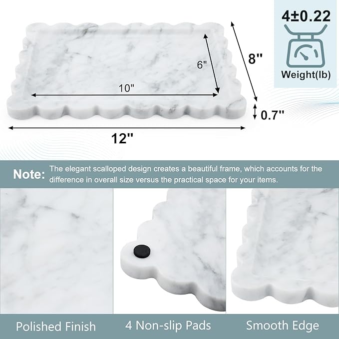 Real Natural Scalloped Marble Tray for Bathroom, Vanity, Kitchen and Desktop, Decorative Stone Tray for Jewelry, Cosmetics, Candles, Lotion, Perfume and Home Decor (12" L x 8" W)