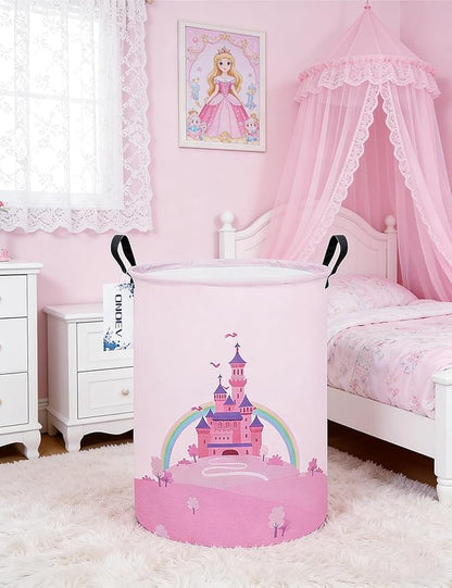 Laundry Hamper, Round Waterproof Storage Basket with Handle, Foldable, Pink Castle, 19.7in(H) x 15.7in(D), for Children's Room and Toy Storage
