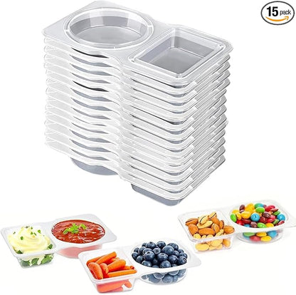 15pcs Reusable Snack Containers with Lids,2025 New 2 Compartment Plastic Containers for Pack Snacks,Leakproof Double Compartment Condiment Pack for Meal Prep, Portion Control,On-the-Go School Travel