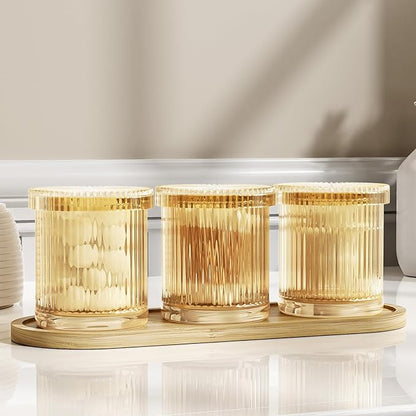 BSSN Glass Cotton Swab Holder Set of 3 with Bamboo Tray, Qtip Holder Dispenser for Bathroom Vanity, Amber Apothecary Jars with Lids for Cotton Balls, Swabs and Makeup Pads