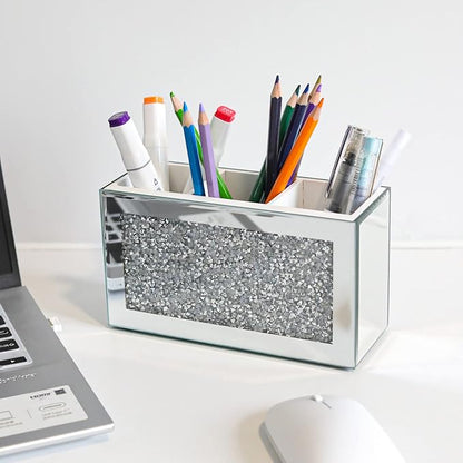 Silver Makeup Brush Holder Organizer, Bling 3 Slot Crushed Diamond Crystal Mirrored Cosmetic Brushes Storage, Eyeliners Eyebrow Pencil Display Case