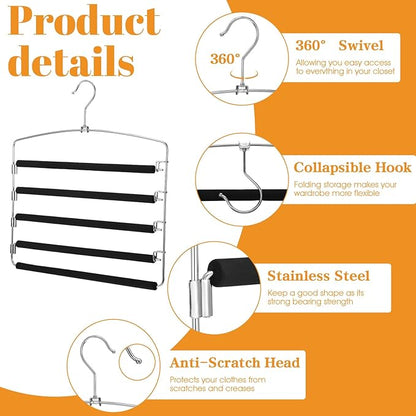 2 Packs Pants Hangers Space Saving, Anti-Slip Space Saving Hangers, 5 Layer Swing Arm Pants Hanger Stainless Steel with Non-Slip Padding, Closet Organizers & Storage for Pant Trousers Jeans