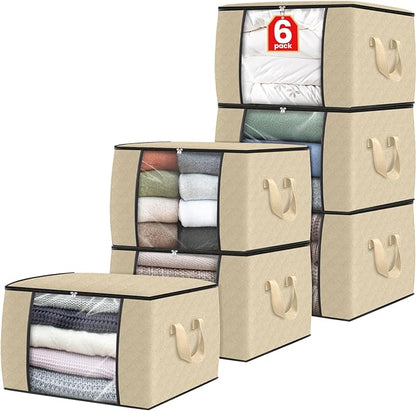 Fab totes 6 Pack Clothes Storage, Foldable Thick Fabric Blanket Storage Bags, Containers for Organizing Bedroom, Closet, Clothing, Comforter, Organization with Handle,Beige