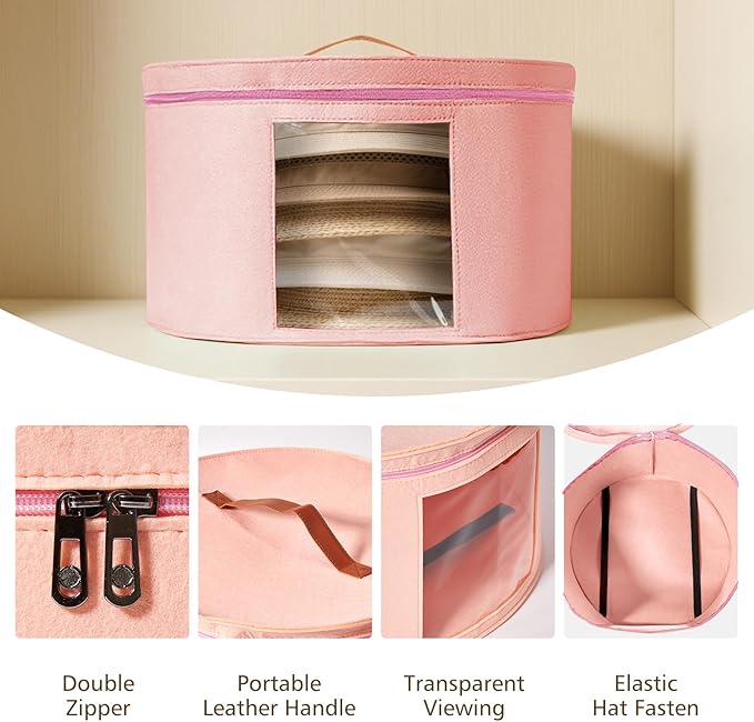 HEAVYWOOD Hat Box for Women Storage Travel Felt Hat Case for Wide-Brim Cowboy Hat Storage Foldable Organizer for Closet Large Round Hat Carrier with Portable Handle (Pink)