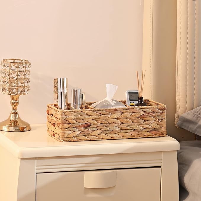 Vagusicc 3 Section Wicker Storage Basket, Hand-Woven Water Hyacinth Storage Baskets, Wicker Baskets for Storage, Toilet Paper Basket for Toilet Tank Top, Small Baskets for Organizing Shelves, 2-Pack