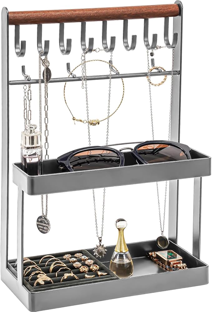 Lolalet 4-Tier Jewelry Organizer Stand with 12 Hooks, Necklace Bracelet Ring & Sunglasses Holder, Cute Metal Jewelry Storage Rack for Vanity, Dresser or Entryway, No Assembly -Grey
