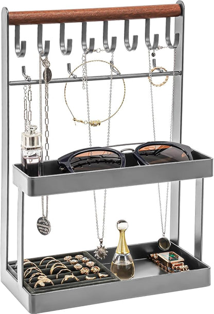 Lolalet 4-Tier Jewelry Organizer Stand with 12 Hooks, Necklace Bracelet Ring & Sunglasses Holder, Cute Metal Jewelry Storage Rack for Vanity, Dresser or Entryway, No Assembly -Grey
