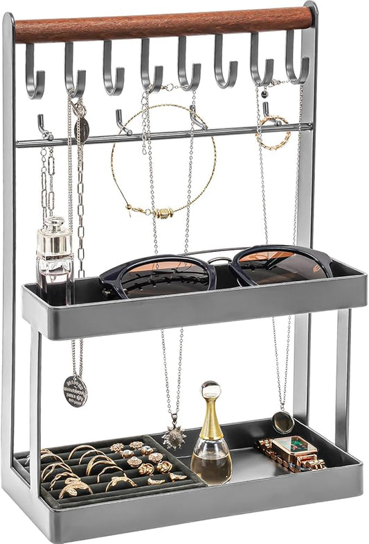 Lolalet 4-Tier Jewelry Organizer Stand with 12 Hooks, Necklace Bracelet Ring & Sunglasses Holder, Cute Metal Jewelry Storage Rack for Vanity, Dresser or Entryway, No Assembly -Grey