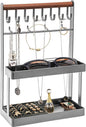 Lolalet 4-Tier Jewelry Organizer Stand with 12 Hooks, Necklace Bracelet Ring & Sunglasses Holder, Cute Metal Jewelry Storage Rack for Vanity, Dresser or Entryway, No Assembly -Grey