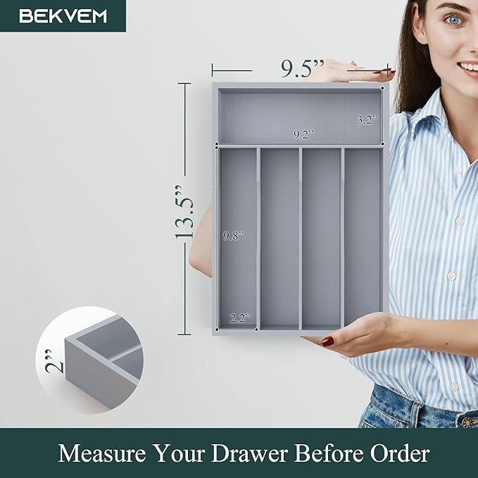 Silverware Organizer, Bamboo Kitchen Drawer Organizer, Utensil Holder, Cutlery Tray & Spoon Flatware Storage with Grooved Drawer Dividers(Grey, 9.5''W x 13.5''D)