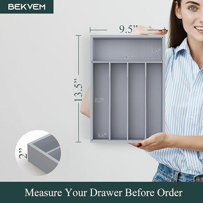 Silverware Organizer, Bamboo Kitchen Drawer Organizer, Utensil Holder, Cutlery Tray & Spoon Flatware Storage with Grooved Drawer Dividers(Grey, 9.5''W x 13.5''D)