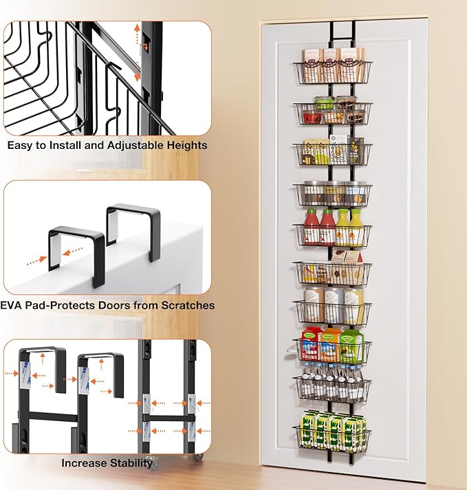 10 Tier Over the Door Pantry Organizer, Over the Door Organizer with Adjustable Baskets, Metal Hanging Door Pantry Organizers and Storage for Kitchen Bathroom Bedroom, Black