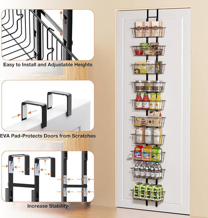 10 Tier Over the Door Pantry Organizer, Over the Door Organizer with Adjustable Baskets, Metal Hanging Door Pantry Organizers and Storage for Kitchen Bathroom Bedroom, Black