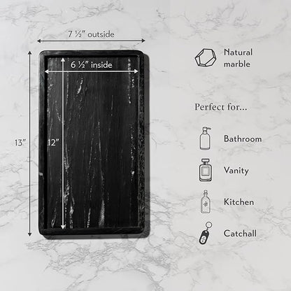 Cork & Mill Black Marble Tray for Bathroom Countertop, Kitchen Counter, or Catchall - 13" x 7½" Large Vanity Tray for Skincare or Perfume - Handcrafted Natural Marble Stone Organizer