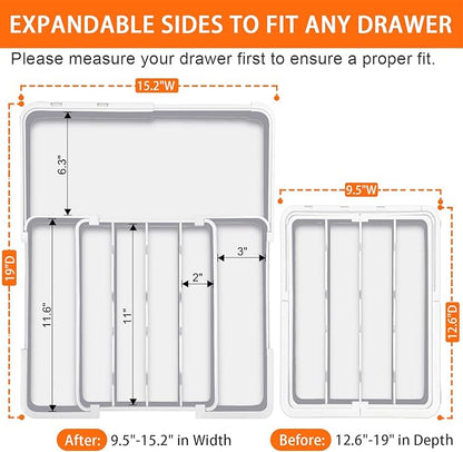 Spaclear Silverware Organizer Extra Deep - Expandable Utensil Drawer Organizer, 19 x 15 Inch Silverware Tray for Kitchen Drawer with 7 Slots, Adjustable Cutlery Tray for Spoons Forks Knives, White