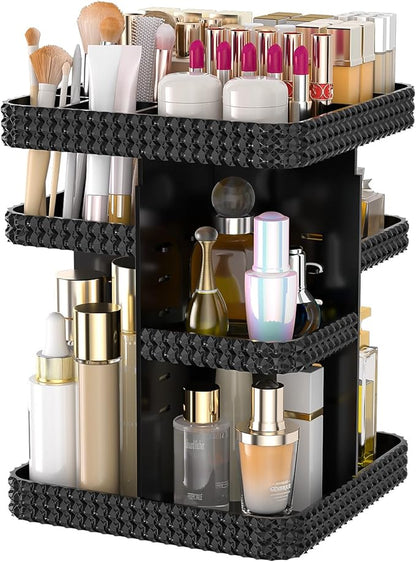 Rotating Makeup Organizer with Makeup Brush Holder,Large Capacity Perfume Organizer for Vanity Countertop,Acrylic Skincare Organizers Spinning Holder Storage Rack (Black)