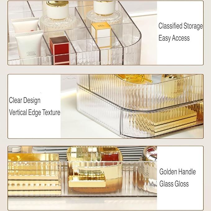 Clear Makeup Organizer for Vanity, Large Desk Organizer with Stackable Drawer for Cosmetics, Skincare, Lipsticks, Palette, Nail Care, Ideal Storage for Dresser and Bathroom Countertop