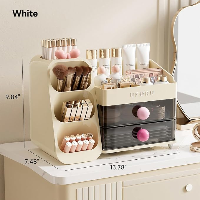 Makeup Organizer for Vanity with Brush Holder, Large Capacity Bathroom Countertop Skincare Organizer with 2 Drawers, Cosmetic Display Case for Perfumes, Eyeshadow Palettes, Nail Polishes