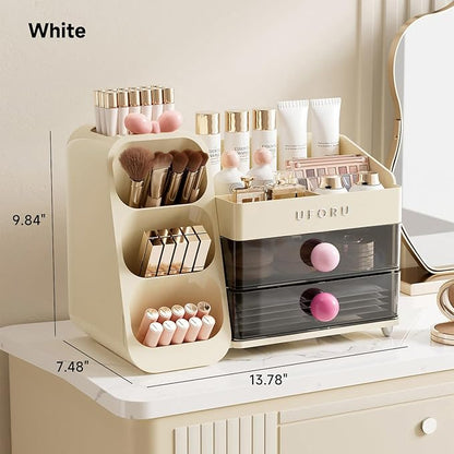 Makeup Organizer for Vanity with Brush Holder, Large Capacity Bathroom Countertop Skincare Organizer with 2 Drawers, Cosmetic Display Case for Perfumes, Eyeshadow Palettes, Nail Polishes