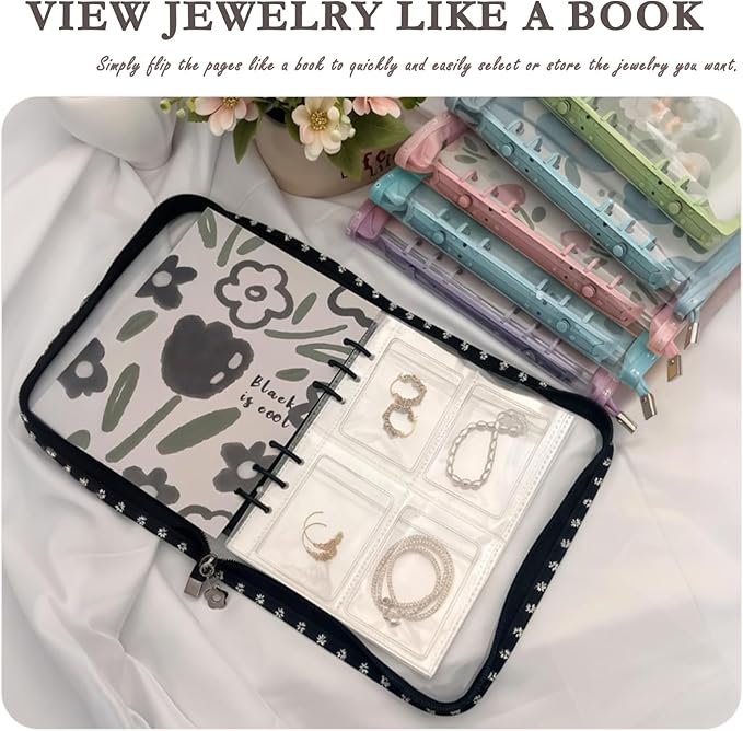 Jewelry Organizer Travel,Jewelry Storage Book with 80 Small PVC pouches,Portable Jewelry Organizer Zipper Bags for Necklaces Bracelet Rings and Earrings (front cover removable),Black