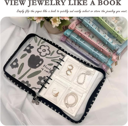Jewelry Organizer Travel,Jewelry Storage Book with 80 Small PVC pouches,Portable Jewelry Organizer Zipper Bags for Necklaces Bracelet Rings and Earrings (front cover removable),Black