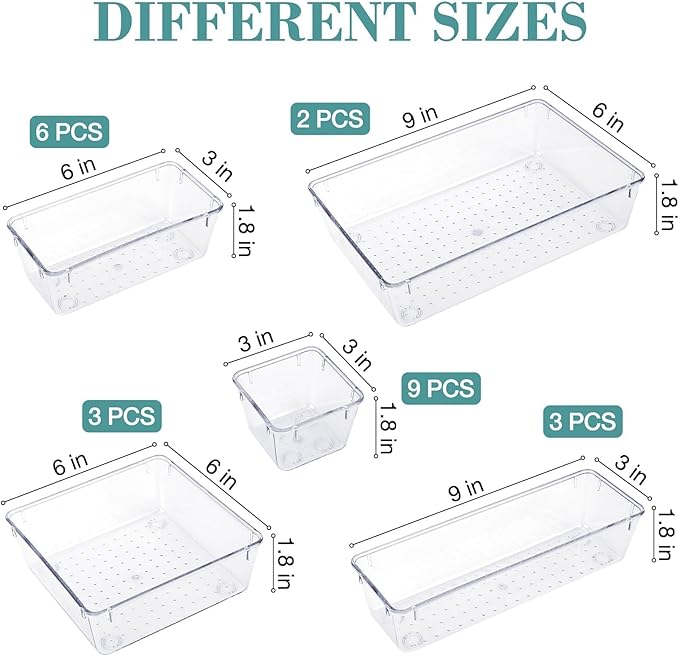 StorMiracle 23 PCS Drawer Organizer Set, 5 Varied Size Bathroom and kitchen Drawer cabinet organizer Trays, Clear Storage Bins for Makeup, Jewelry, Utensils and Gadgets