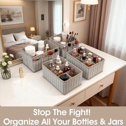 Cosmetic Storage Bins Makeup Organizer, Adjustable Multifunction Storage Box Desk Drawer Divider for Makeup Brushes, Bathroom Countertop or Dresser, Set of 4 (Grey)
