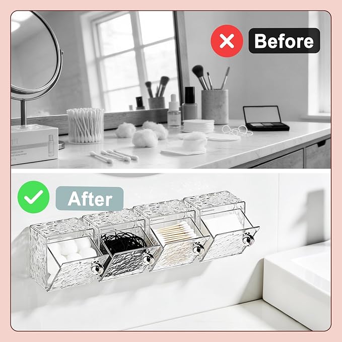Qtip Holder Dispenser, Wall Mounted Plastic Cotton Pad Holder, Cotton Ball, Swabs, Floss, Makeup Organizers Containers for Vanity Bathroom (Clear, 4 Pcs)