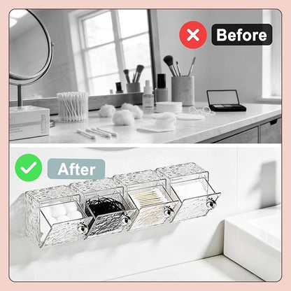 Qtip Holder Dispenser, Wall Mounted Plastic Cotton Pad Holder, Cotton Ball, Swabs, Floss, Makeup Organizers Containers for Vanity Bathroom (Clear, 4 Pcs)