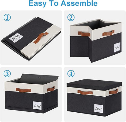 Extra Large Storage Bins with Lids, Foldable Fabric Storage Baskets with Lids, Sturdy Storage Boxes with Labels and 3 PU Handles for Closet Home Bedroom Office (32L, 3 Packs, Black&White)