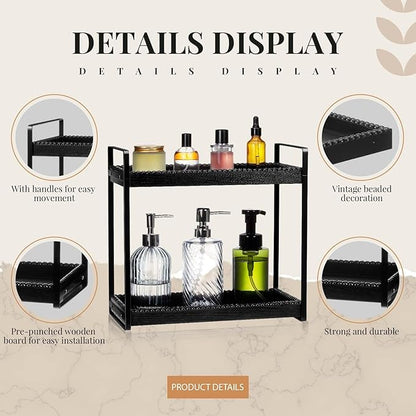 DoubleFill Bathroom Countertop Organizer, 2 Tier Wood Bead Vanity Organizer Tray for Bathroom Cosmetic Skincare Perfume Kitchen Coffee Station Organization(Black,Classic)