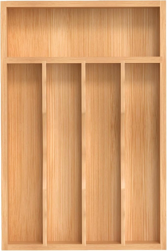 Silverware Organizer, Bamboo Kitchen Drawer Organizer, Utensil Holder, Cutlery Tray & Spoon Flatware Storage with Grooved Drawer Dividers (8.5''W x 13''D)