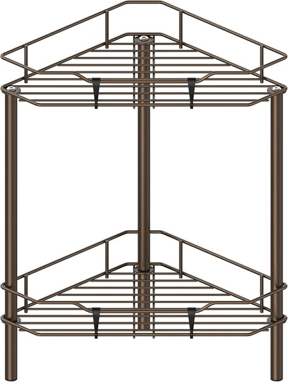 HuggieGems 2 Tier Floor Standing Corner Shower Caddy Organizer Shelf with Hooks, Bathroom Shelves Stand Rack, Bronze