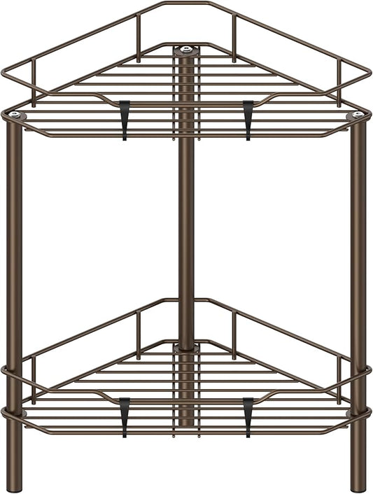 HuggieGems 2 Tier Floor Standing Corner Shower Caddy Organizer Shelf with Hooks, Bathroom Shelves Stand Rack, Bronze