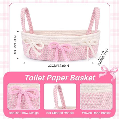 Toilet Bow Paper Basket–Woven Rope Pink Bow Decorative Bathroom Decor Organizer Toilet Tank Top Storage Basket, Oval Shelf Bin with Handles, Over Bedroom Wedding Paper Holder, 13" D x 4" H in