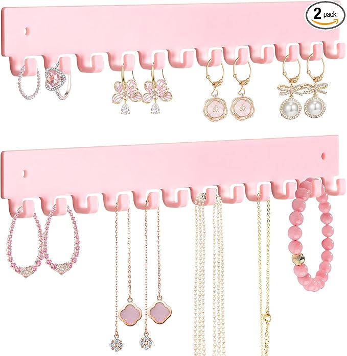Acrylic Necklace Holder 2 Pack Wall Mounted Necklace Organizer Hanging Jewelry Organizer with 12 Hooks for Necklaces, Bracelets, Rings and Bangles Display Pink