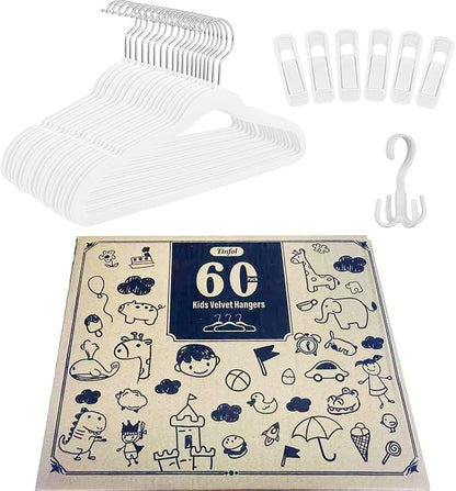 Tinfol White Velvet Kids Hangers 60 Pack, 14 Inch Premium Ultra Thin Cute Childrens Clothes Hangers for Closet, Small Non Slip Felt Toddler Hangers for Kids Clothes