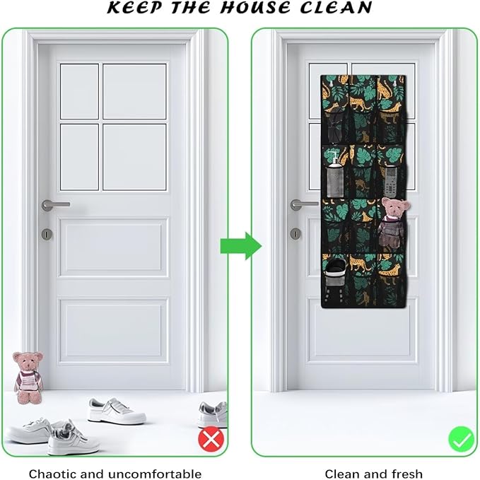 12 Large Mesh Pockets Over the Door Shoe Organizer Monstera Leopard Hanging Shoe Rack for Closet Shoe Organizer Door Hanger