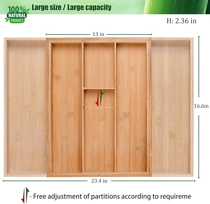guiogc Bamboo Silverware Organizer, Expandable Kitchen Drawer Organizer and Utensil Organizer, Cutlery Tray with Drawer Dividers for Kitchen Utensils and Flatware, Bedroom, Living Room (Natural)