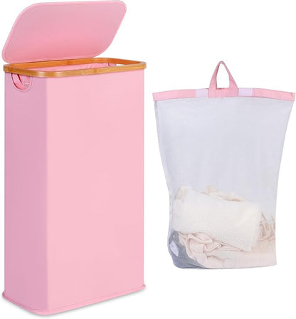 iEGrow 65L Slim Laundry Hamper, Narrow Laundry Basket with Lid,Foldable Clothes Hamper with Bamboo Handles,Hamper Basket with Removable Inner Bag for Laundry Room Bedroom College Dorm,17.17 Gals Pink