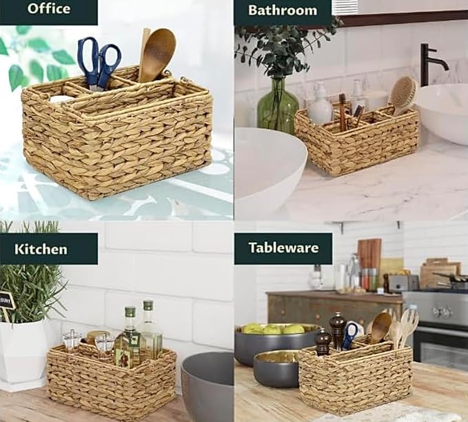 Large Wicker Utensil Caddy Carrier | Water hyacinth Woven Condiment Holder for Table - Kitchen Set Counter Top Organizer - Rustic Small Storage for Dinner Set, Wine