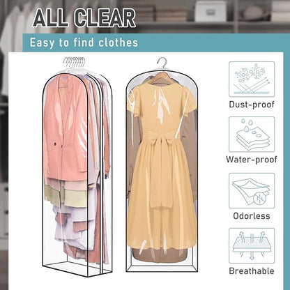 MISSLO 10" Gusseted All Clear Garment Bags for Hanging Clothes 60" Dress Bags for Gowns Long Fur Coat Closet Storage Covers, 3 Packs