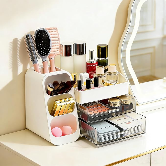 Makeup Organizer Countertop, Spacious Cosmetic Display Case with Makeup Brush Holder, Perfect Vanity Bathroom Organizer and Storage, White